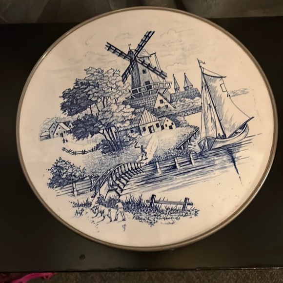 Antique Gorgeous cake stand metal base with a China top blue scenes